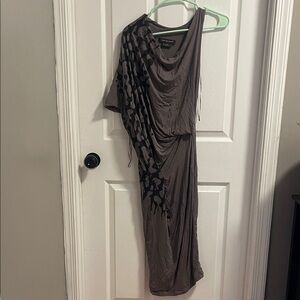 Isabel de Pedro Asymmetrical Dress in Taupe with Black Pattern
